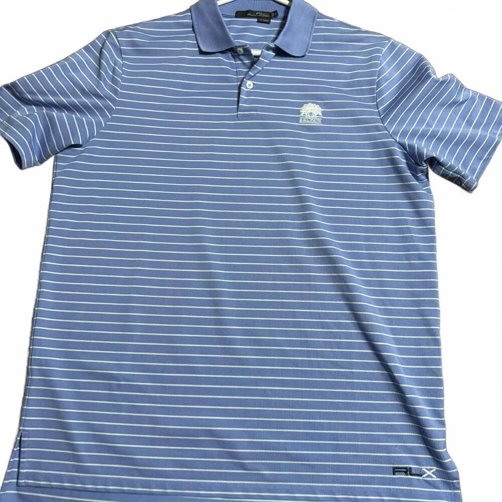 RLX Ralph Lauren Golf Polo Men's L Blue Stripe Belfair Club Logo Causal Preppy